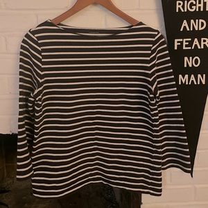 Lands End Women’s navy/white striped 3/4 length boat neck shirt